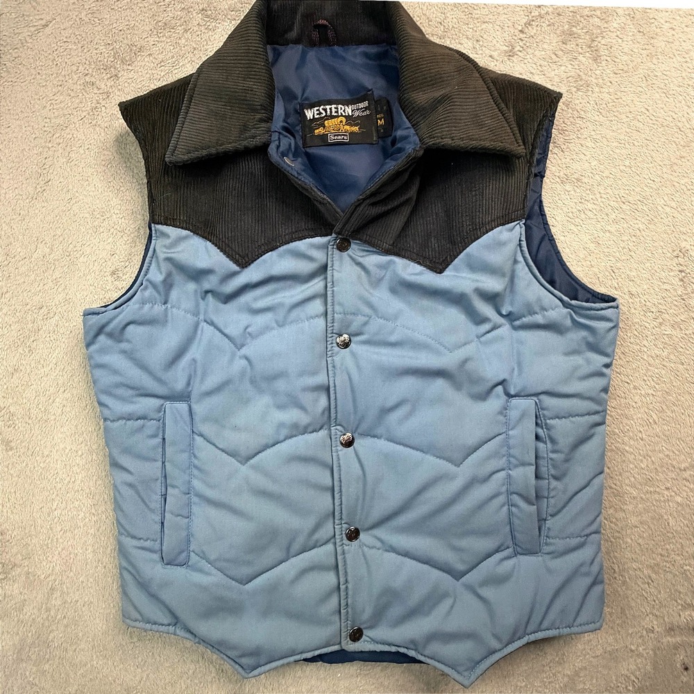 Vintage Sears Western Outdoor Wear Puffer Vest Blue Corduroy Yoke Medium RN46424